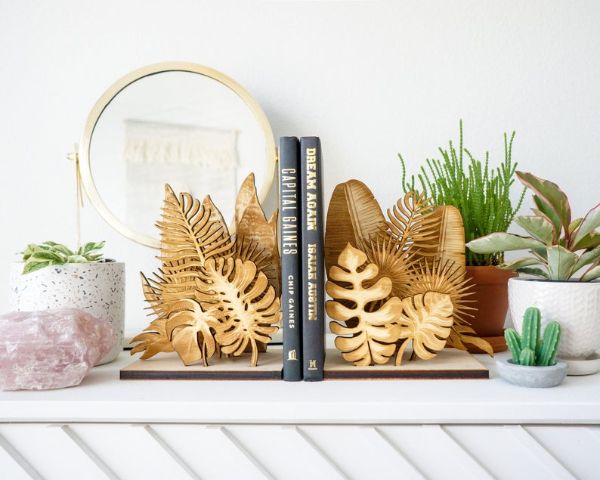 wood etsy bookends with a variety of laser cut plant leaves