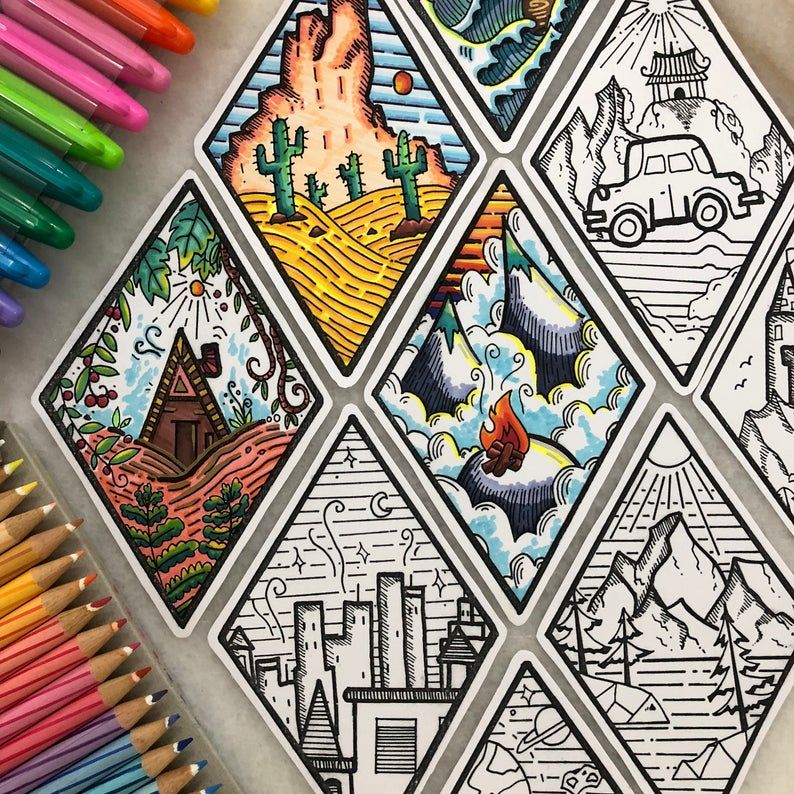 Diamond-shaped nature and scenery bookmarks to color