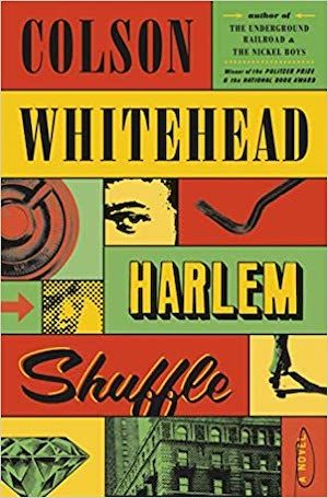 cover of harlem shuffle by colson whitehead, various items from the book in different tiled squares of red, yellow, and green