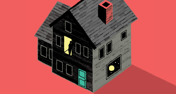a cropped cover of The Upstairs House showing an illustration of a house with a silhouette in the window