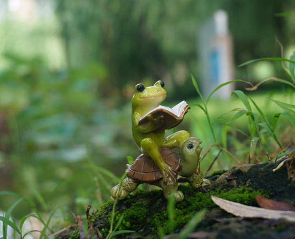 A figurine of a reading frog riding a small tortoise