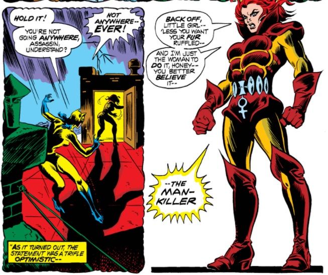 From Marvel Team-Up #8. The Cat pursues Man-Killer. Man-Killer wears red-and-orange armor with padded abs and the symbol for "female" hanging from her belt.