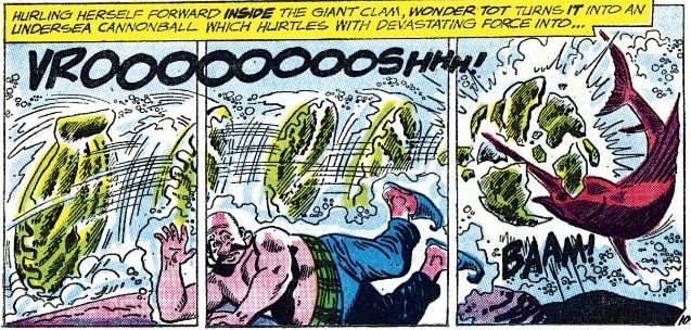 From Wonder Woman #140. From inside a giant clam, Wonder Tot throws herself against a swordfish, breaking loose from the shell. Mister Genie cowers beneath her.