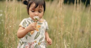 child holding a flower to her face outdoors in a field