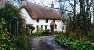 image of thatched roof cottage surrounded by flowers and greenery https://unsplash.com/photos/NqeB4q6KOFg