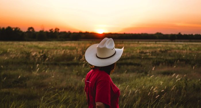a person wearing a red shirt and cowboy hat standing near green grass under a golden sky https://unsplash.com/photos/gYldcju-Fz8