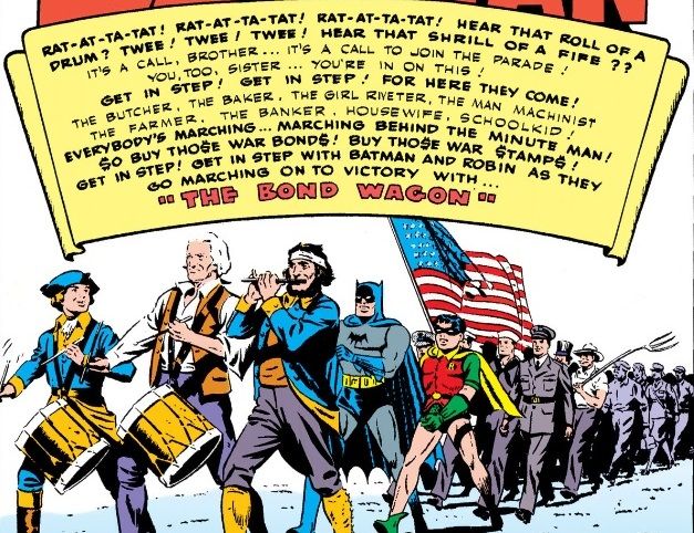 panel from Detective Comics #78; Batman and Robin are marching with soldiers under a banner promoting war bonds