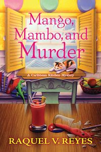 Book cover shows a cozy room with a calico cat lounging in an open window in the background and a desk with two glasses of a strawberry drink in the foreground. One glass is broken and liquid is spilling out onto the desk.  