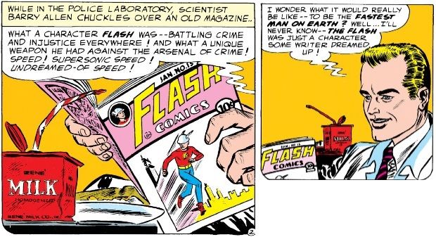 From Showcase #4. Barry Allen reads a Golden Age Flash comic and wonders what it would be like to have super-speed.
