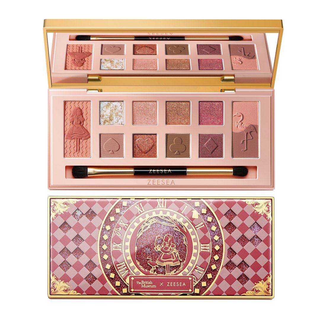 Eyeshadow palette in pink and purple hues with the checkered palette cover displayed with Alice and the flamingo in the center