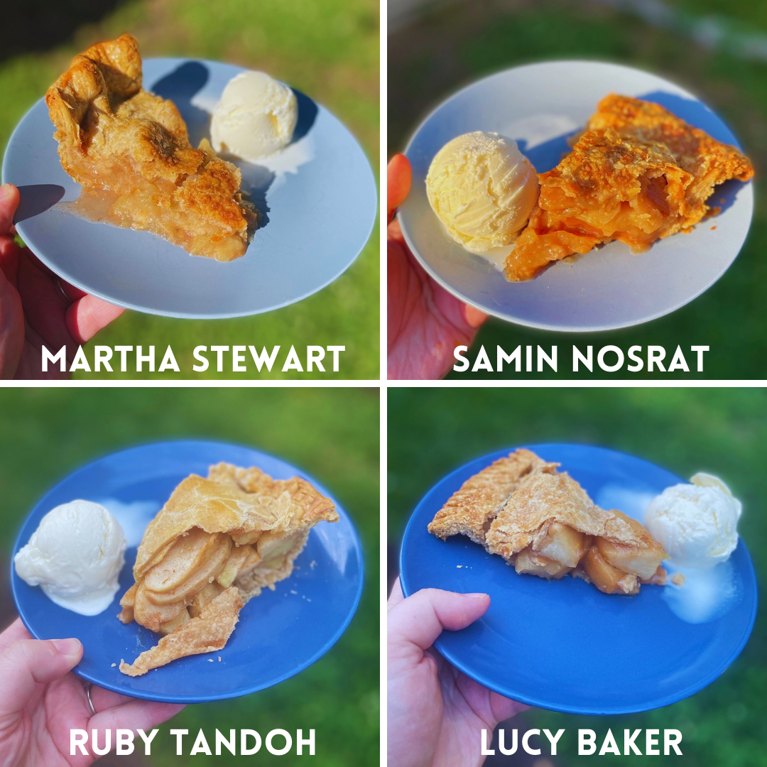 Four different slices of apple pie with scoops of ice cream on blue plates