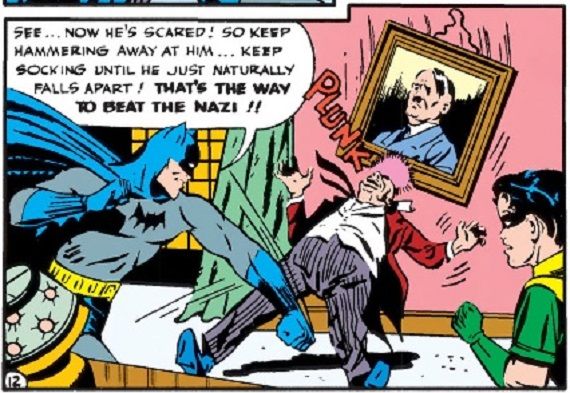 panel from Detective Comics #78; Batman punching Nazi Baron von Luger
