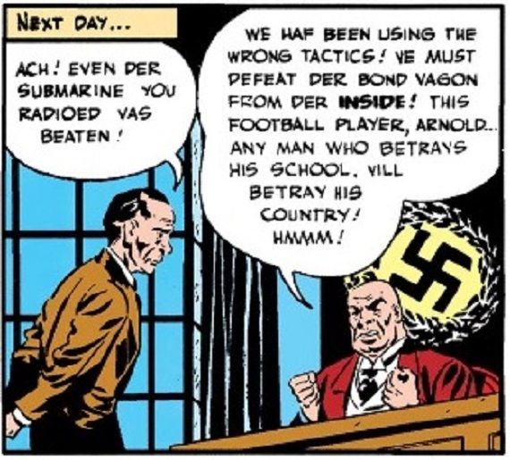 panel from Detective Comics #78; Nazi Baron von Luger discussing tactics with Nathan Hale