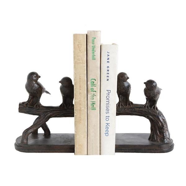 Image of wooden bookends with birds on a branch