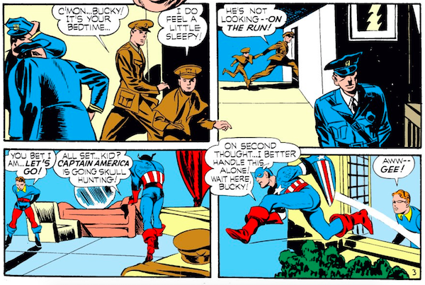 panel from Captain America Comics #1; panel is from Case #4: Captain America and the Riddle of the Red Skull; Bucky and Steve Rogers spying on Nazis