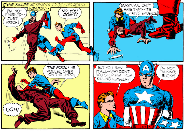 panel from Captain America Comics #1; panel is from Case #4: Captain America and the Riddle of the Red Skull; Bucky shows up to rescue Cap