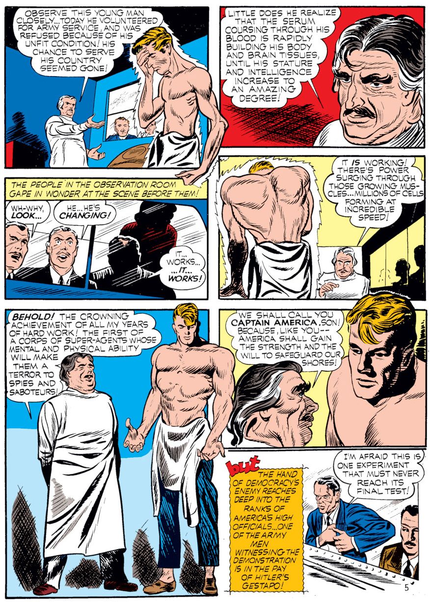 panel from Case #1 in Captain America Comics #1; Steve Rogers is injected with a miraculous serum that turns him from a scrawny to strapping and muscular