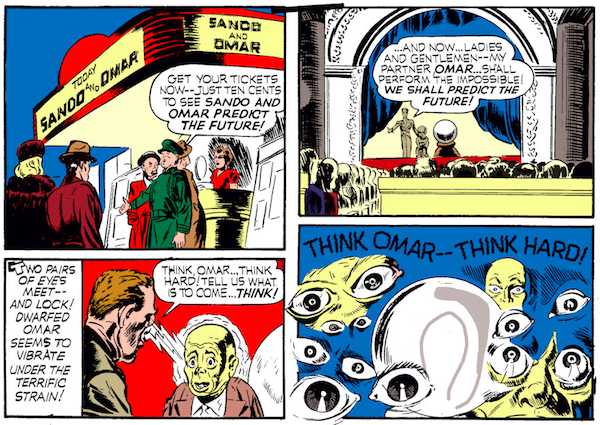 panel from Case #2 in Captain America Comics #1; Steve Rogers and Bucky go to see a fortune teller