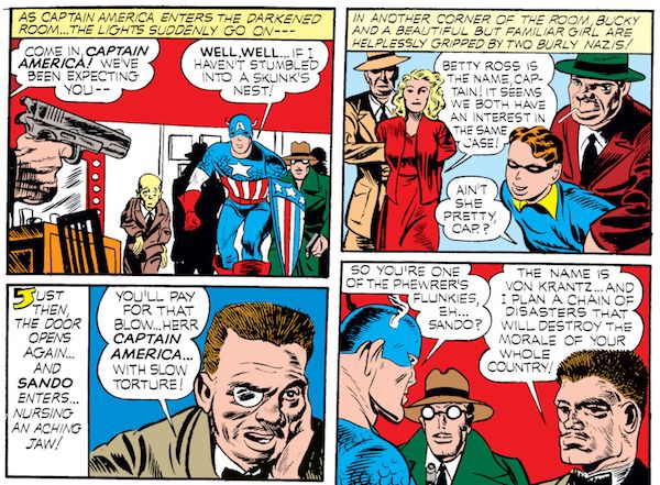 panel from Case #2 in Captain America Comics #1; Steve Rogers, Bucky, and secret agent Betty Ross are captured