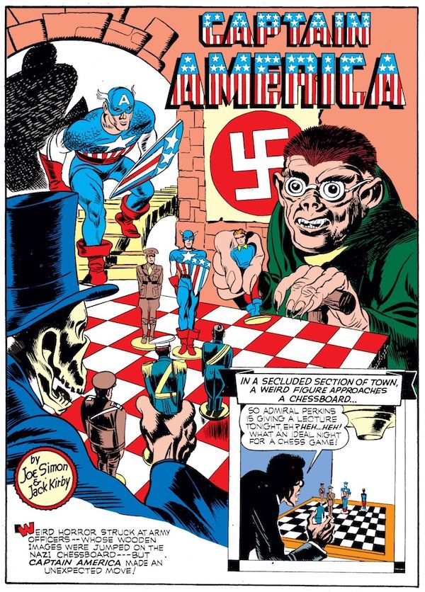 panel from Case #3 in Captain America Comics #1; a top-hatted skeleton plays chess with a Nazi