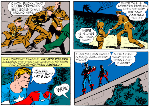 panel from Case #3 in Captain America Comics #1; Steve Rogers and Bucky go off in search of the culprit when an admiral is murdered 