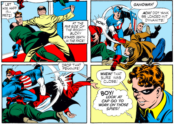 panel from Case #3 in Captain America Comics #1; Bucky is lured into a trap