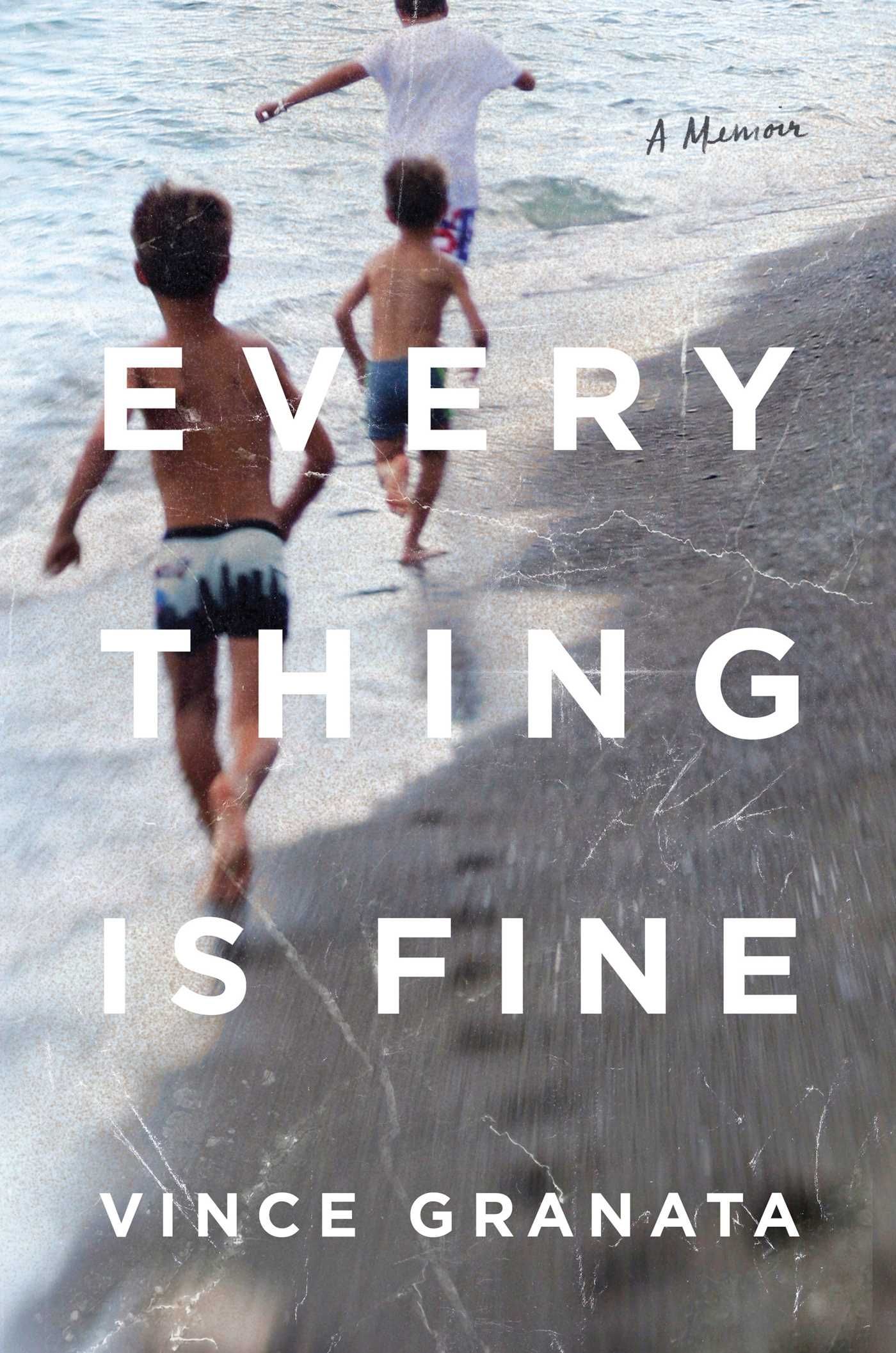 Book cover of Everything is Fine by Vince Granata: two children in swim trunks running on a beach