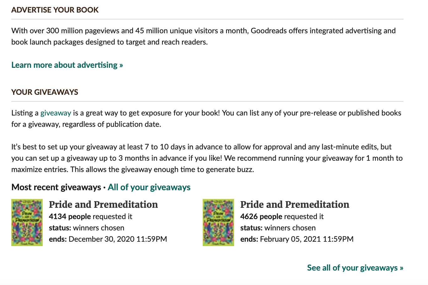 screenshot of the advertising and giveaways panel on Goodreads Author Dashboard