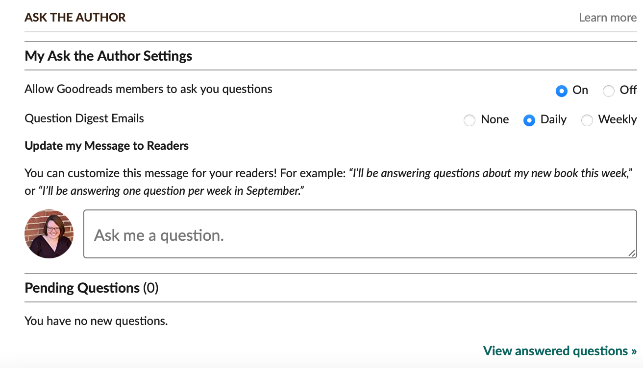 image of Ask the Author Settings on Goodreads Author Dashboard