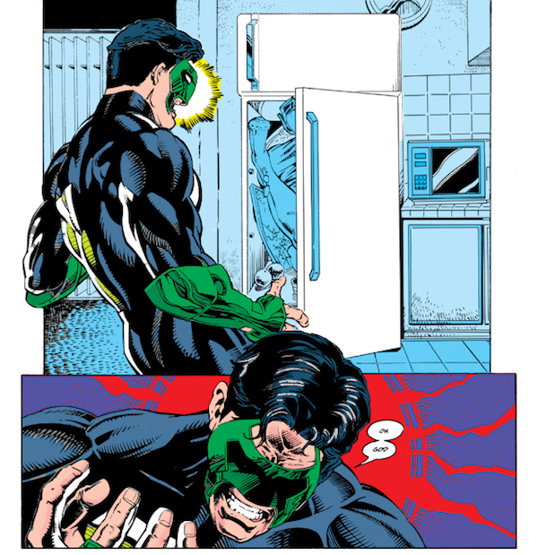 panel from Green Lantern #54: the Green Lantern returns home to find his girlfriend, Alex DeWitt, has been dismembered and stuffed in the refrigerator