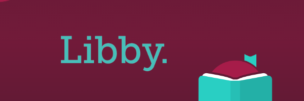 Plum Colored Header featuring the Blue Libby logo alongside a cartoon imagine of a head just poking over an open book https://www.overdrive.com/apps/libby/   AND https://resources.overdrive.com/library/marketing-outreach-community/libby-website-assets/    (edited together into composite image in canva)