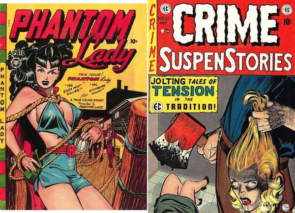 side by side cover images of Phantom Lady #14 and Crime SuspenStories #22 