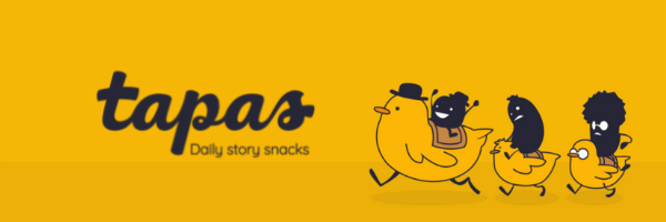 Bright Yellow Tapas Logo featuring little food-shaped shadowcreatures riding chicks in black outline  https://tapas.io/ (logo images edited into composite on canva)