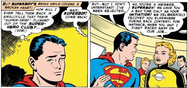 Superboy cries after being rejected for League membership. Saturn Girl admits they were just hazing him.