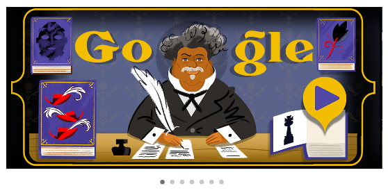 screenshot of a cartoon of Alexandre Dumas where his head forms the second O in Google