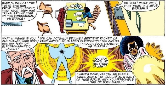 Monica Rambeau sits at a desk as an elderly scientist explains her powers to her.