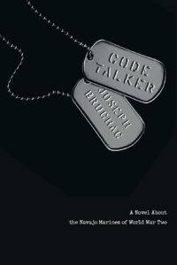 Book cover for Code Talker, a black background with silver dog tags. The tags display the name of the book and the name of the author, Joseph Bruchac.