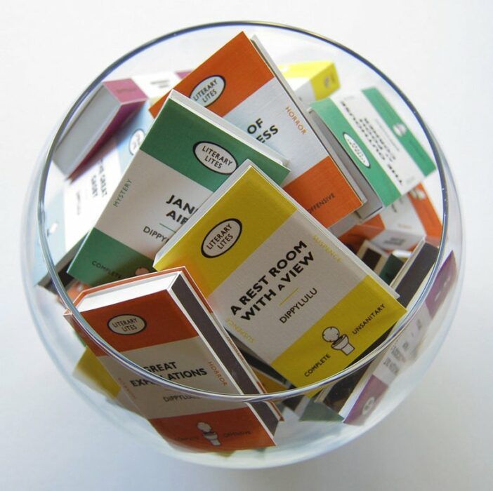 Fishbowl full of matches with literary covers