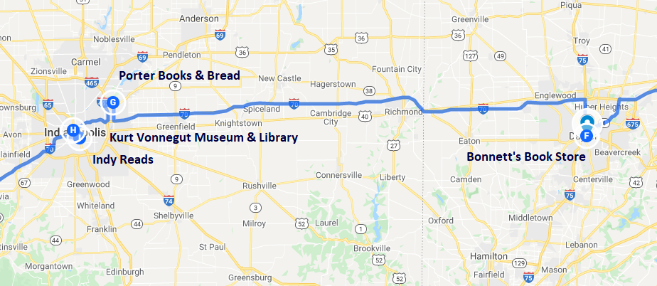 Map of bookish destinations in Dayton, Ohio and Indianapolis, Indiana