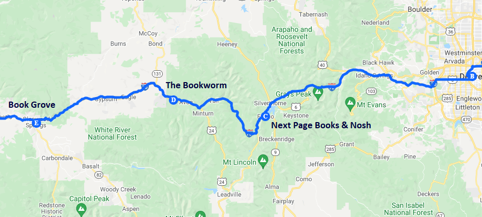 Map of bookstores along I-70 in Colorado