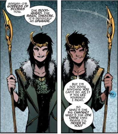 A panel of Loki shifting between Loki and Lady Loki