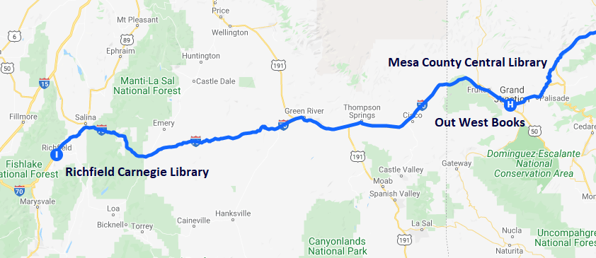 Map of bookish destinations in Grand Junction, Colorado and Ritchfield, Utah
