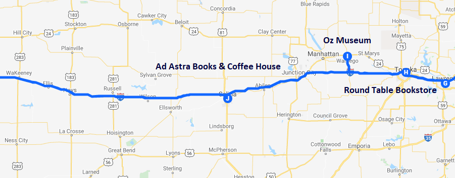 Map of bookish destinations in Topeka, Wamego, and Salina Kansas