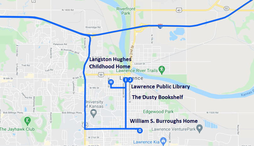 Map of bookish destinations in Lawrence, Kansas