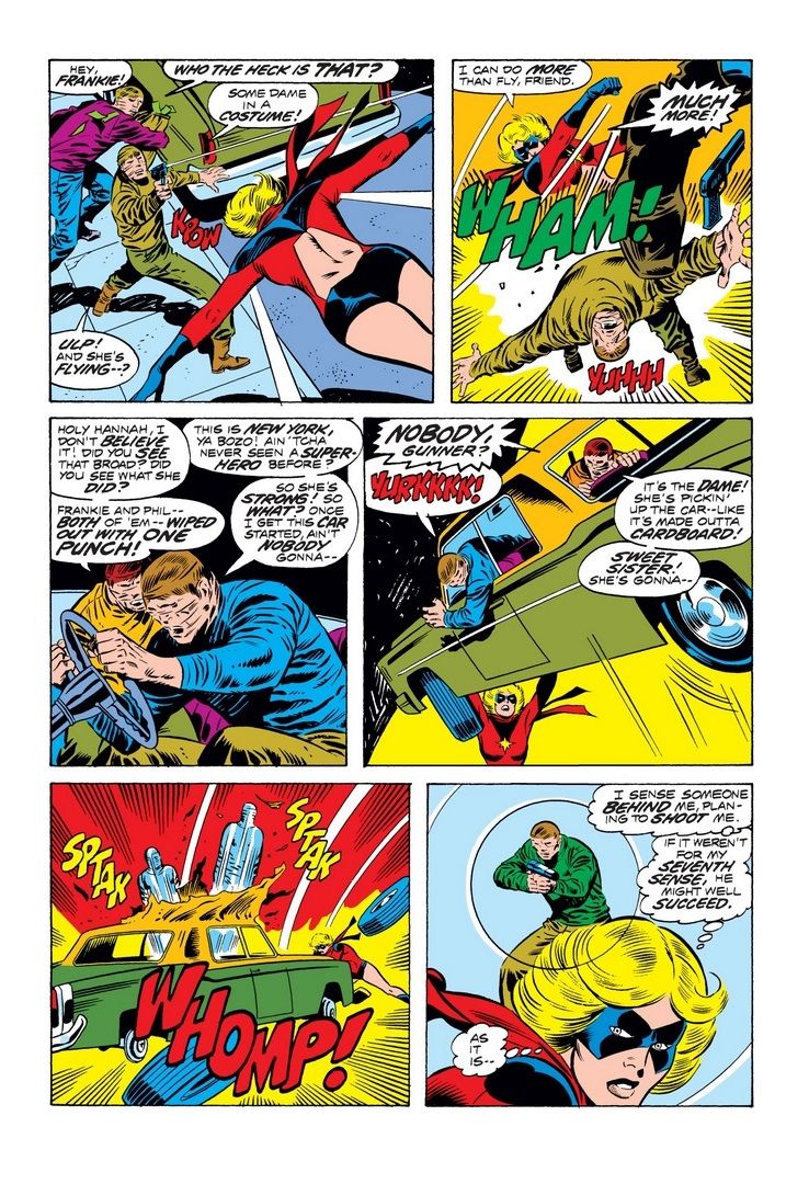Ms. Marvel does battle with a series of armed bad guys.