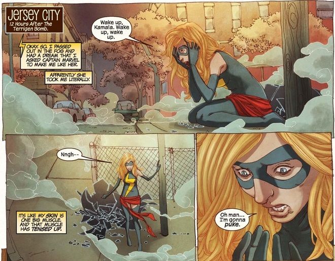 Kamala Khan has accidentally shapeshifted into Carol Danvers/Ms. Marvel. She is stunned and scared.