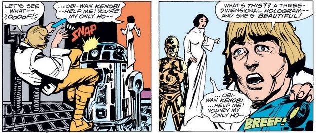 R2D2 plays part of Princess Leia's distress message to Obi-Wan. Luke remarks on how beautiful she is.