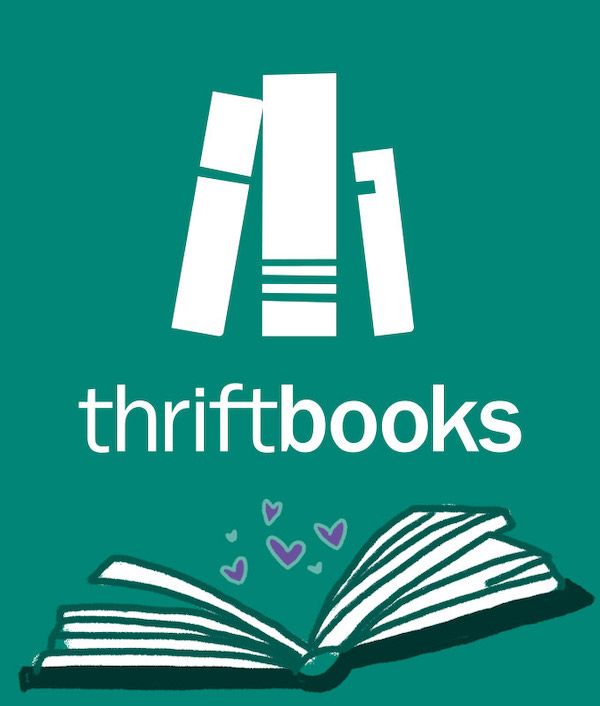 white text reads: thriftbooks. text is centered beneath graphic image of book spines and above a graphic image of an open book