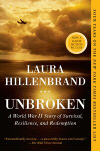 Book cover for Unbroken, showing a military plane flying across a cloudy sky over a golden, calm ocean.