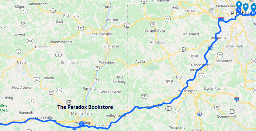 Map of the route to The Paradox Bookstore in Wheeling West Virginia